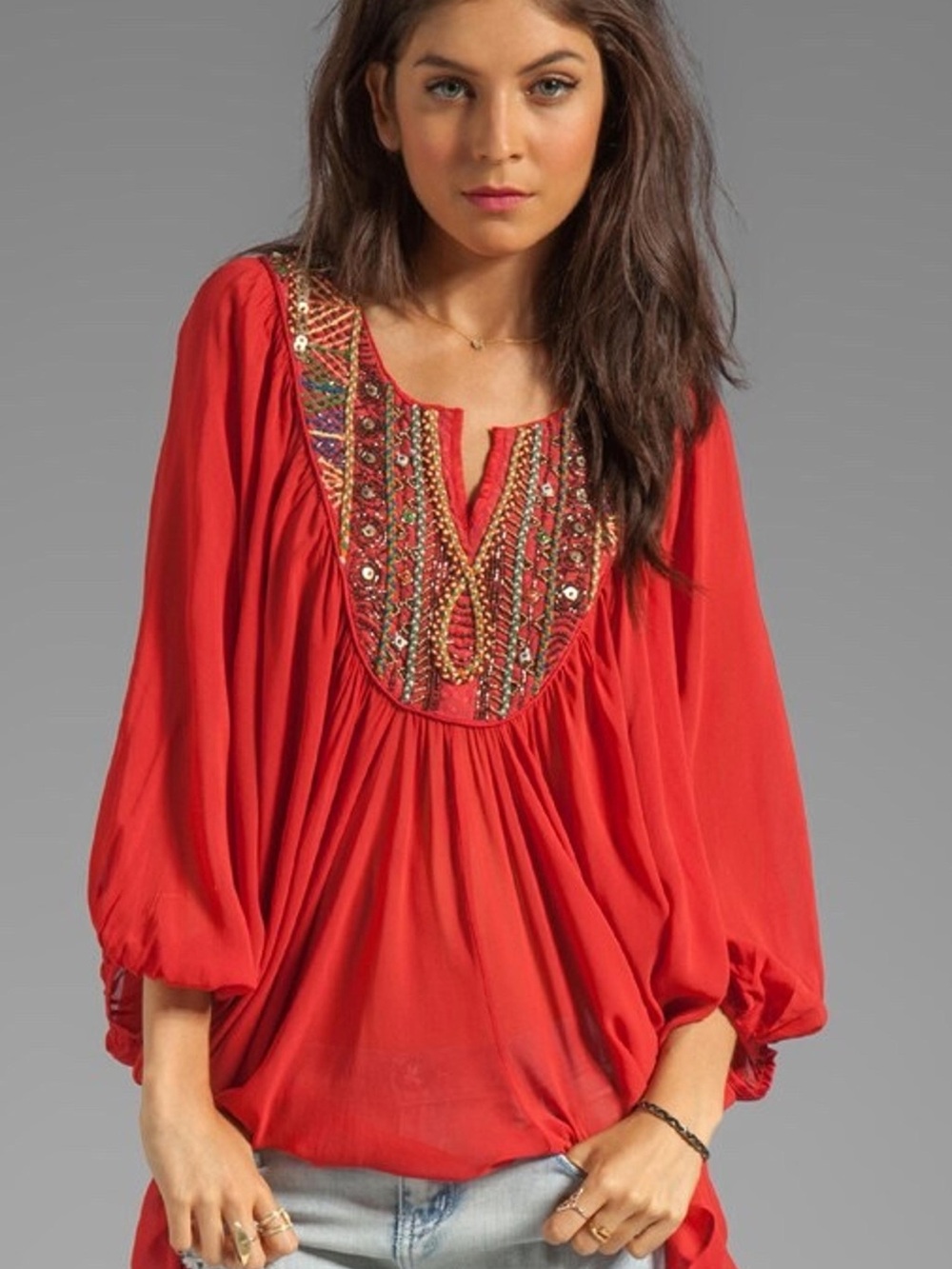Free People Red Fortune Teller Beaded Boho Caftan Top